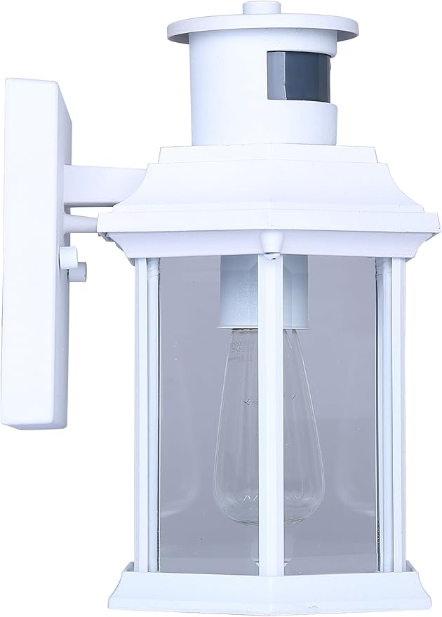 Harbor 1-Light Outdoor Wall Light 10-Inch White with Clear Glass Built-in Motion Sensor/Photocell Classic Durable Outdoor Lantern for Entryways Patios Porches