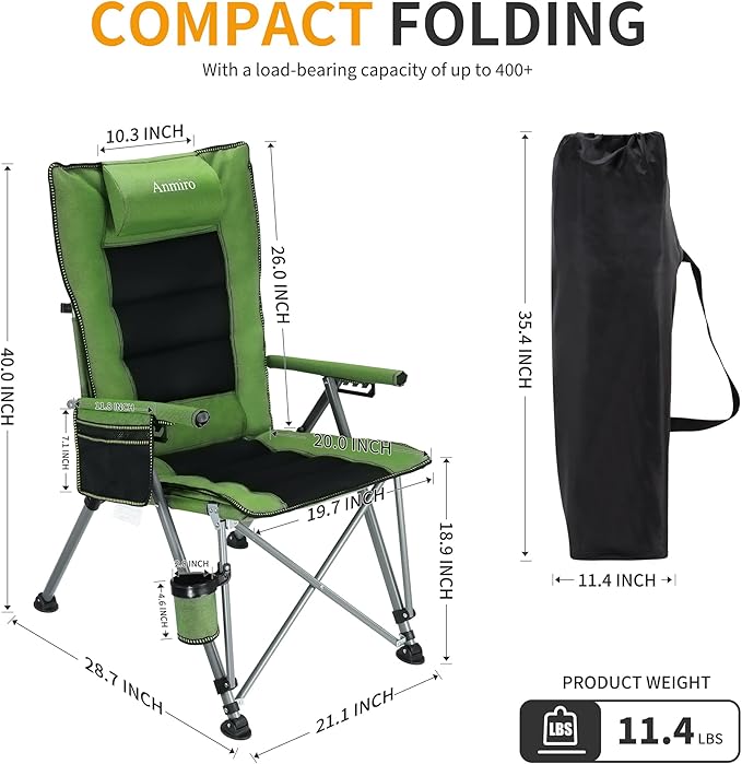 Folding Camping Chair with Cup Holder and Storage Bag Heavy Duty Support 400 LBS Oversized Collapsible Portable Adjustable Back Support Camping Chair for Outdoor (Adjustable-Green)