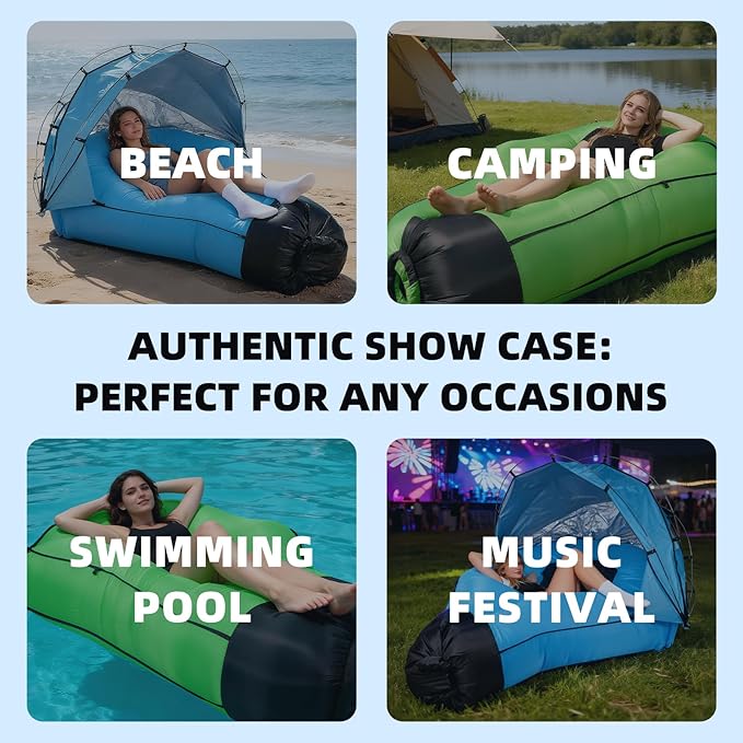Portable Inflatable Sofa Tent Inflatable Lounger Air Couch with Sun-Shade Waterproof Inflatable Bed for Yard Outdoor Camping Hiking (Blue)