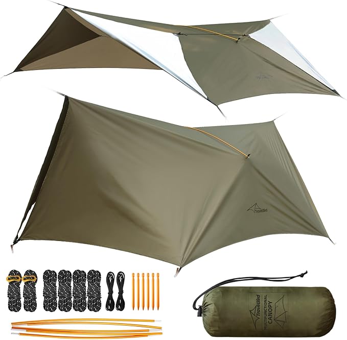 Ultralight Tarp 14ft Hammock Rain Fly Lightweight Waterproof Camping Tent Tarp with Doors Bushcraft Tarp Shelter for Backpacking Hiking Camping