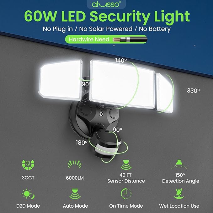 ALUSSO LED Security Lights Motion Sensor 120V 60W 6000LM 3 Modes Flood Lights Outdoor Motion Sensor 3CCT 3 Heads Outdoor Security Light Wet Location Use for House Garage Yard Walkway Black
