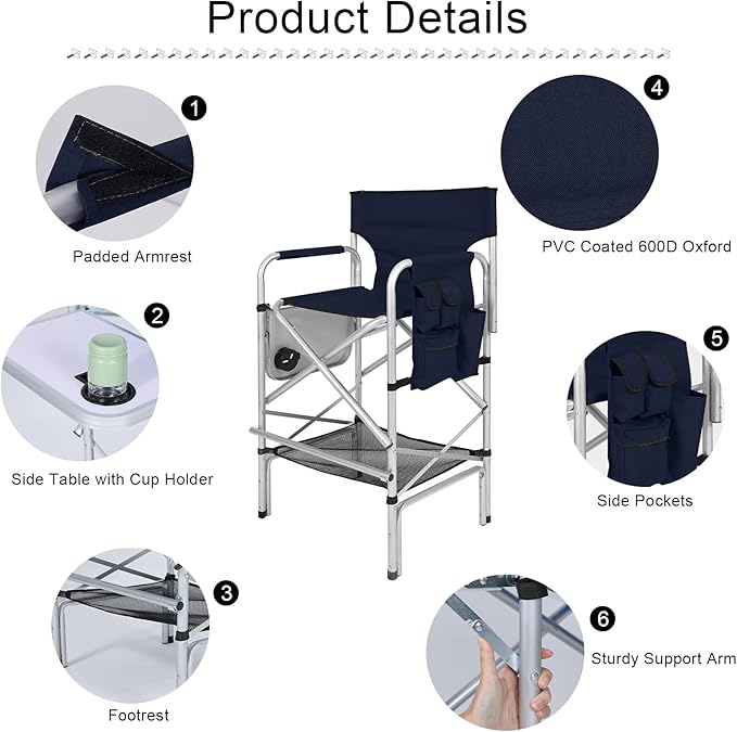 ABCCANOPY Folding Tall Directors Chair Outdoor Camping Chair Makeup Artist Chair with Side Table &amp Pockets Navy Blue