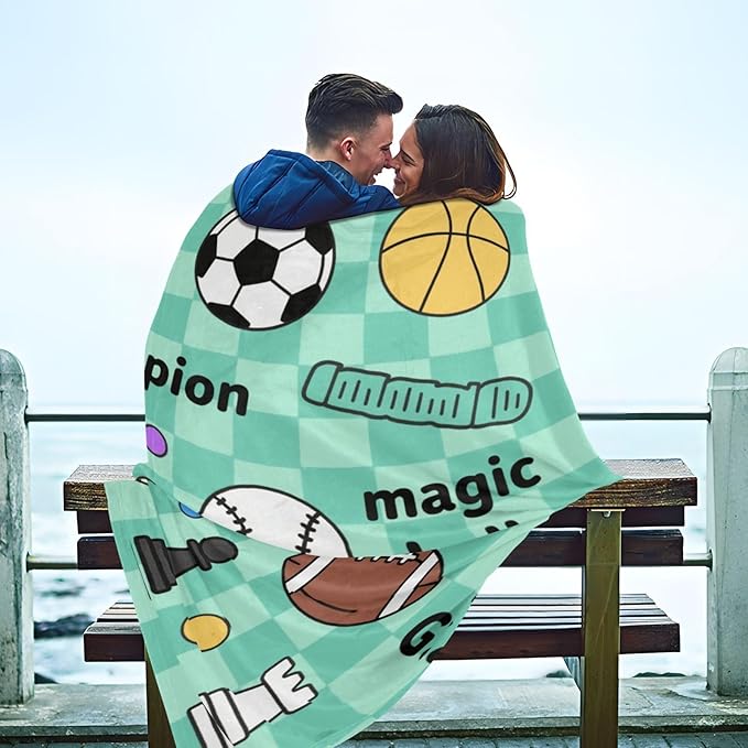 Large Cozy Blanket Balls Goal Green Blue Checkered Pattern Sofa Throws 50x70 Inches