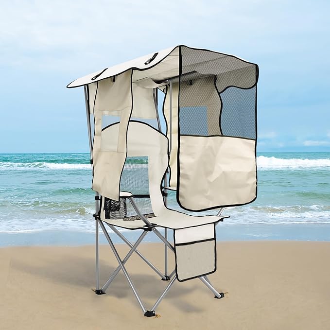 ptlsy Folding Camping Chair with Canopy Beach Chair with Canopy Shade with Cup Holders Cooler Bag for Camping Fishing Beach Sports and Concert (White)