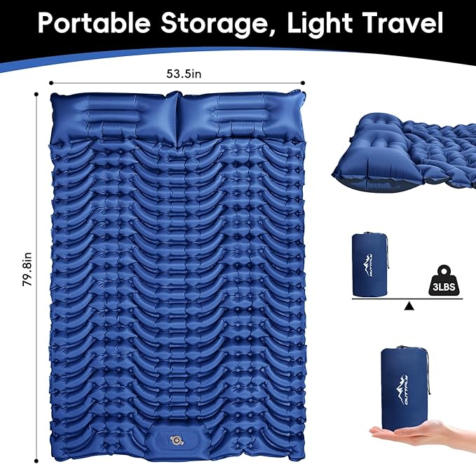Double Sleeping Pad for Camping 4 Extra-Thick Self Inflating Camping Mattress for 2 Person with Pillow Built-in Foot Pump Portable Sleeping Mat for Backpacking Hiking Traveling Tent