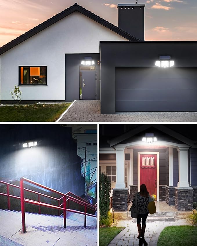 LE Solar Lights for Outside Solar Lights Outdoor with Motion Sensor WL4000 High Brightness 3 Adjustable Heads 270° Wide Lighting Angle IP65 Waterproof Wireless Wall Lamp for Yard Garage