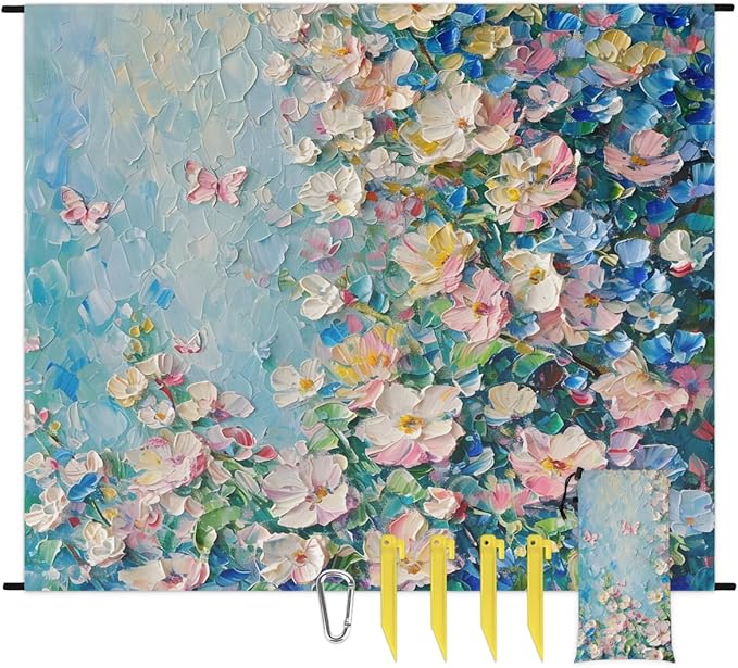 Waterproof Sandproof Beach Blanket 59''×68'' Flower Polyester Outdoor Picnic Blanket with 4 Stakes &amp Storage Bag for BeachCampingVacation Oil Paintings