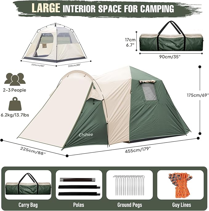 Chihee Camping Tent 2-3 Person Pop Up with Hydraulic Structure Family Tents Waterproof Windproof Outdoor Shelter Travelling Spacious One-Room Layout Quick Setup Durable Fiberglass &amp Aluminum Frame