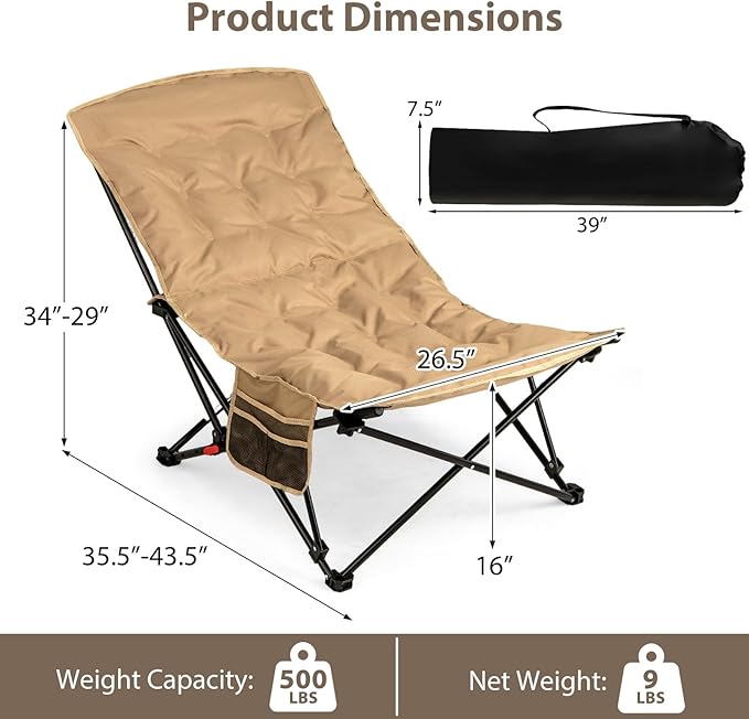 Tangkula Padded Camping Chairs Set of 2 Portable Folding Lawn Chair with Adjustable Backrest Padded Seat Carrying Bag Heavy-Duty Frame for Camp Beach Lawn Fishing Travel Sports 500 LBS Capacity