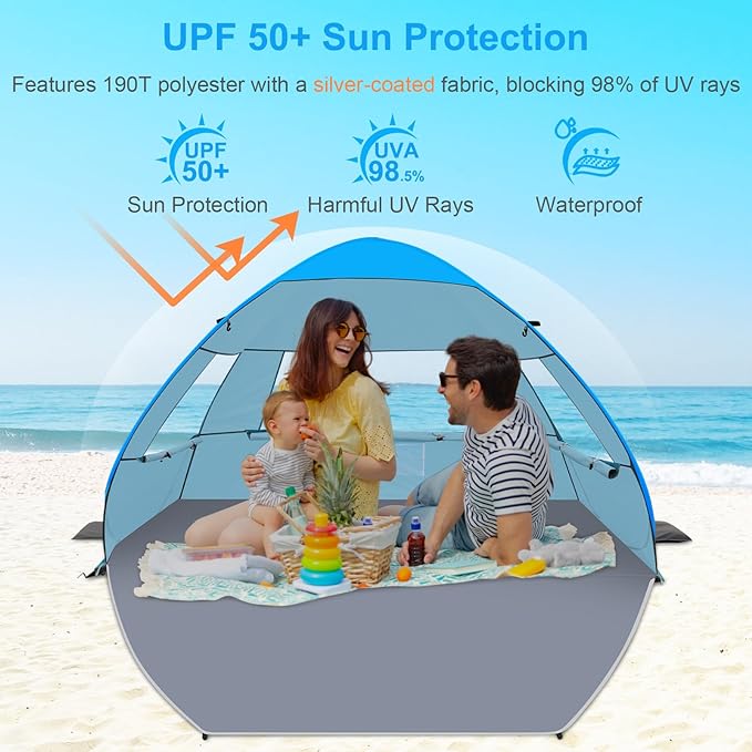 Gorich Easy Pop Up Beach Tent for 3-4 Person UPF 50+ UV Protection Beach Umbrella Sun Shelter Portable Lightweight Shade with Easy Foldable &amp Instant Setup