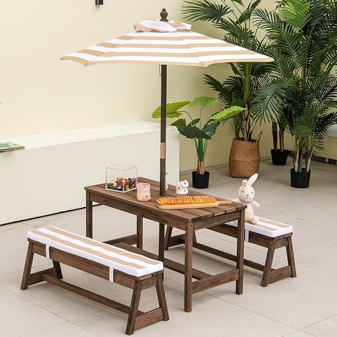 2-in-1 Kids Picnic Table Wooden Kids Outdoor Tables with Removable Umbrella &amp Cushions Fits 4 Children Indoor Outdoor Toddler Picnic Table for Backyard Lawn &amp Patio (Coffee)