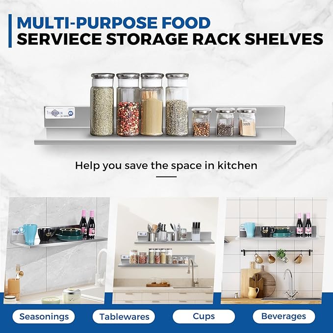 Profeeshaw Stainless Steel Shelf Wall Mounted Commercial Stainless Steel Shelves 8.6 * 30 Inch 58lb Heavy Duty Commercial Kitchen Shelf for Restaurant Bar Utility Room Kitchen and Garage
