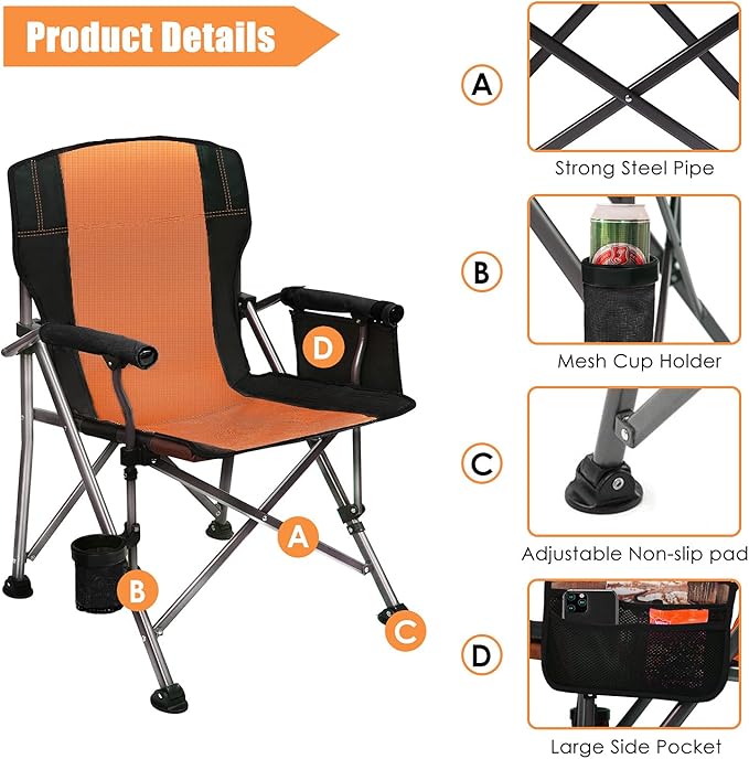 LEADALLWAY Folding Camping Chair Oversized Collapsible Camp Chair with Cup Holder and Removable Storage Bag Heavy Duty Support 351 LBS Portable Lawn Chair for Outdoor Camp Picnic Travel Fishing