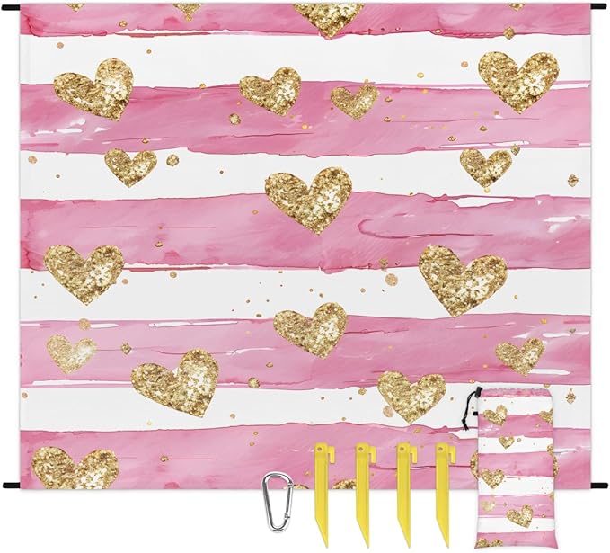Waterproof Sandproof Beach Blanket 59''×68'' Golden Heart Pattern Polyester Outdoor Picnic Blanket with 4 Stakes &amp Storage Bag for BeachCampingVacation