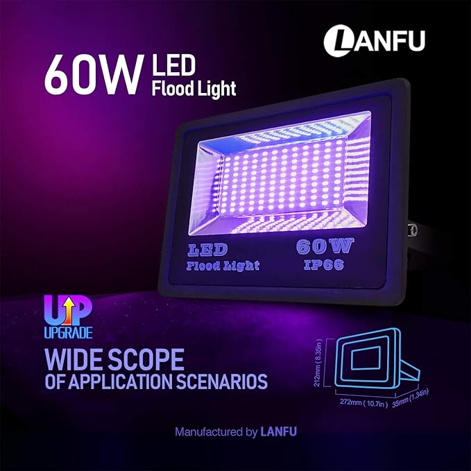LANFU 2Pack 60w LED Black Light Blacklight for Fluorescent Neon Glow in The Dark High Power LED Flood Light IP65 with Plug for BirthdayBarParty SuppliesAquarium(Upgrade Reflector)