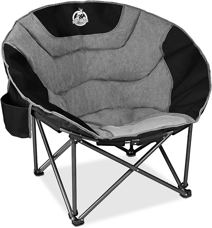 Northroad XXL Camping Moon ChairOversized Round ChairFolding Padded Saucer w/Side Pocket500lbs Capacity for Outdoor Hiking Fishing Picnic LawnBlack&ampGrey