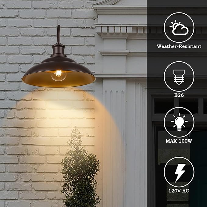 Dusk to Dawn Outdoor Barn Light Fixture 16 Inch Dome Large Wall Sconce Farmhouse Exterior Wall Mount Light for House Garage Patio Doorway 2 Pack
