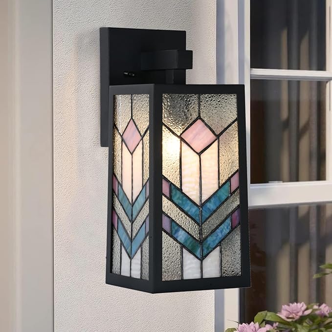 WL0012 Tiffany Style Outdoor Light Fixutres Stained Glass Wall Sconce Exterior Waterproof Wall Lantern Light for Balcony Aisle Hallway W 7X D 6.5 x H 13.5 Inches Bulb Included (Prismara)