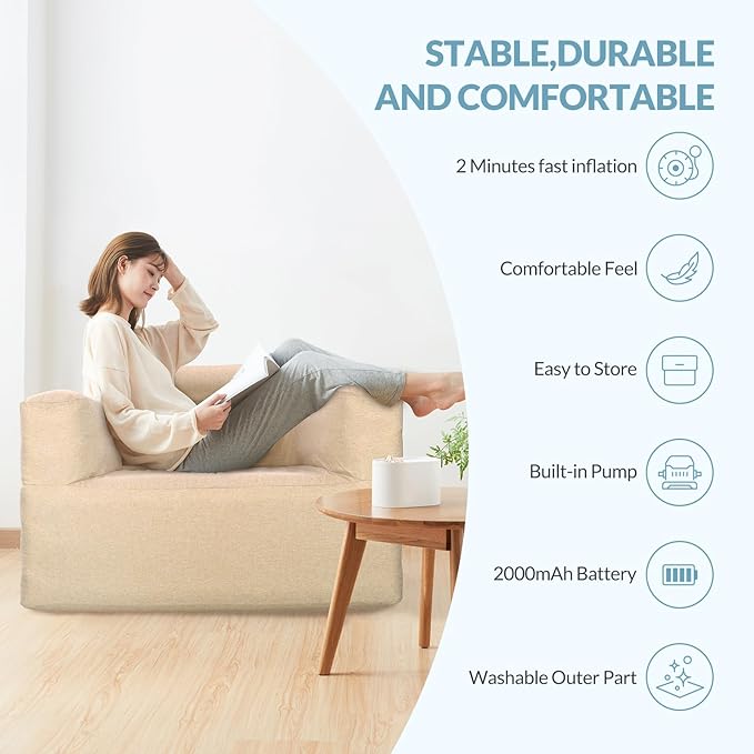 Bestrip Auto Inflatable Sofa Single Blow up Couch Lounger with Built-in Air Pump Rechargeable Air Sofa for Camping Gamging &amp Home（Khaki）