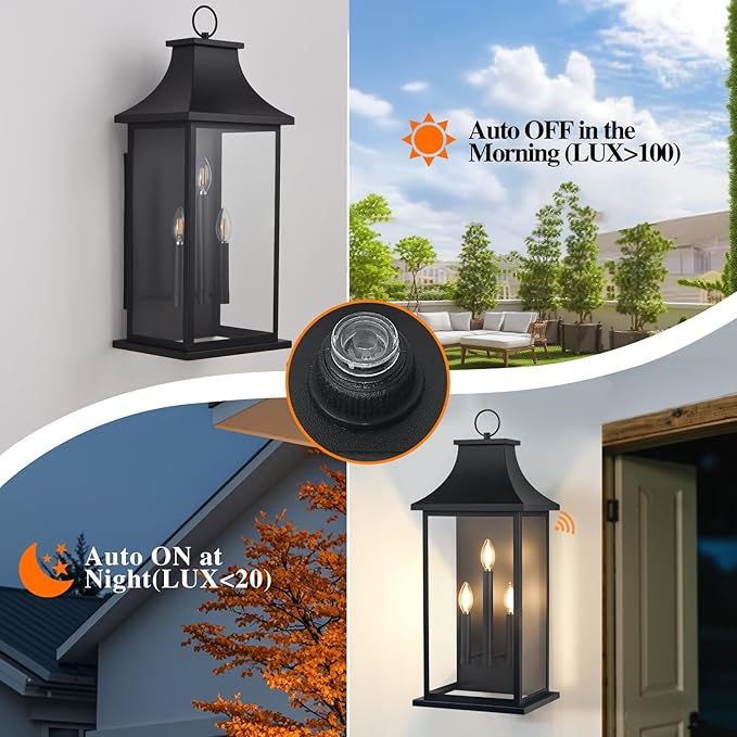 tewei 28'' Dusk to Dawn Large Outdoor Wall Light Porch Light Outdoor Wall Sconce Lantern 3-Light Black Exterior Lighting Fixture Wall Mount Outside Light for House Garage 1-Pack