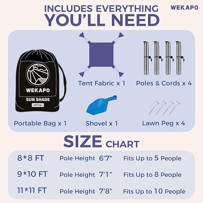 WEKAPO Beach Tent Sun Shelter - Easy Setup Beach Canopy with 4 Sturdy Poles Extra Large Sandbags and Shovel 7'8'' Tall Windproof Sun Shade for Backyard and Camping UPF 50+ Protection