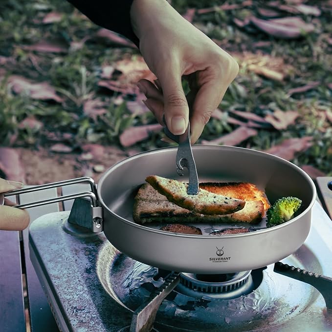 SILVERANT Camping Plate Titanium Pan Dish Plate with Handle &amp Mesh Bag Large Reuseable Ultralight Dinner Plate for Camping Outdoors Backpacking (750ML)