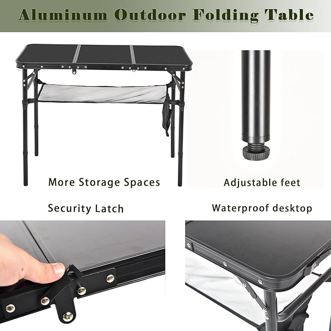 Portable Folding Camping Table Lightweight Aluminum Outdoor Picnic Table with Adjustable Height Compact &amp Sturdy Kid Table for Camping Hiking Backyard Beach Black