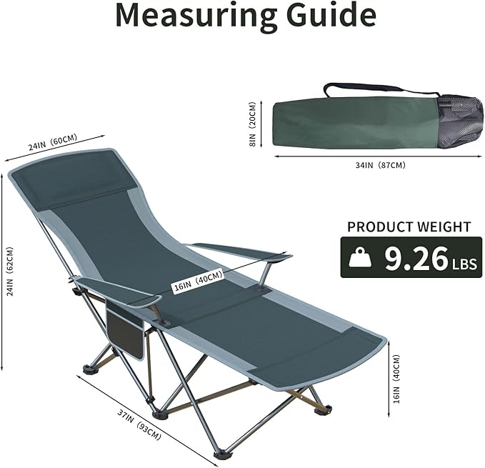 Folding Beach Chair Recliner for Adults - Heavy Duty 300lbs Camping Chair with Adjustable Backrest &amp Footrest Portable Outdoor Lounge Chair for Backyard Fishing Travel
