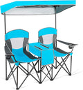 COSTWAY Double Camping Chair Portable Camping Chairs with Canopy Cup Holder Iced Bag Storage Bag Carrying Bag Folding Loveseat Camping Chair for Adults Outdoors Sport Blue