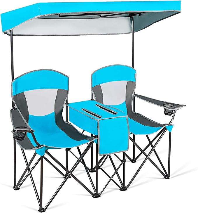 COSTWAY Double Camping Chair Portable Camping Chairs with Canopy Cup Holder Iced Bag Storage Bag Carrying Bag Folding Loveseat Camping Chair for Adults Outdoors Sport Blue