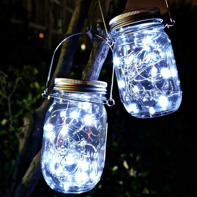 SmilingTown Solar Light for Mason Jars 20 LED Outdoor Fairy String Light Lids with Hangers for Jar Lantern Waterproof Rust Resist for Patio Lawn Garden Decor No Jars 10 Pack (Cool White)