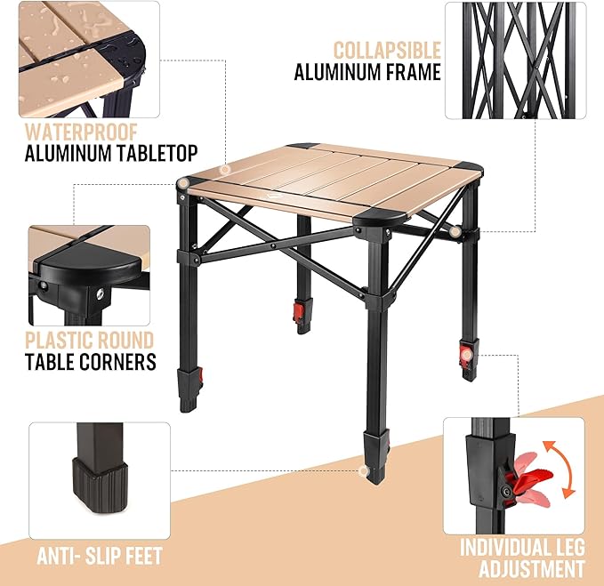 VILLEY Folding Camping Square Table with Carry Bag Lightweight Aluminum Adjustable Square Table for Outdoor Camping Picnic Backyards BBQ (S)