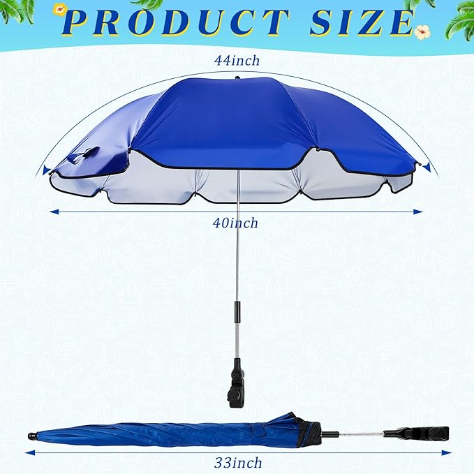 Buryeah 2 Pcs Automatic Chair Umbrella with Universal Clamp 44 UPF 50+ Portable Clamp on Beach Chair Adjustable Wheelchair Umbrella for Outdoor Patio Parasol