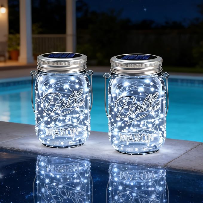 VOOKRY 12 Pack Solar Mason Jar Lights 30 LED Mason Jar Lids Waterproof Firefly Fairy String Lights with 12 Hangers(No Jars) for Outdoor Patio Garden Yard Lawn Party Wedding Decoration - Cool White