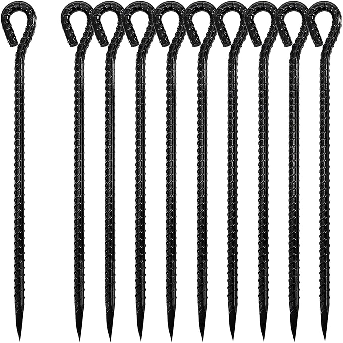 ZOOFOX 10 Pack Ground Rebar Stakes 16 Heavy Duty Galvanized Steel Garden Stake with Hook Non-Rust Metal Tent Stakes for Outdoor Camping Garden Grassland Canopies