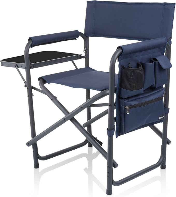 Picnic TIME Sports Chair with Side Table and Armrest Caddy Lightweight Aluminum Folding Outdoor Camping Chair for Adults Portable Director Style Lawn Seating with Pockets &amp Carry Strap (Navy Bl
