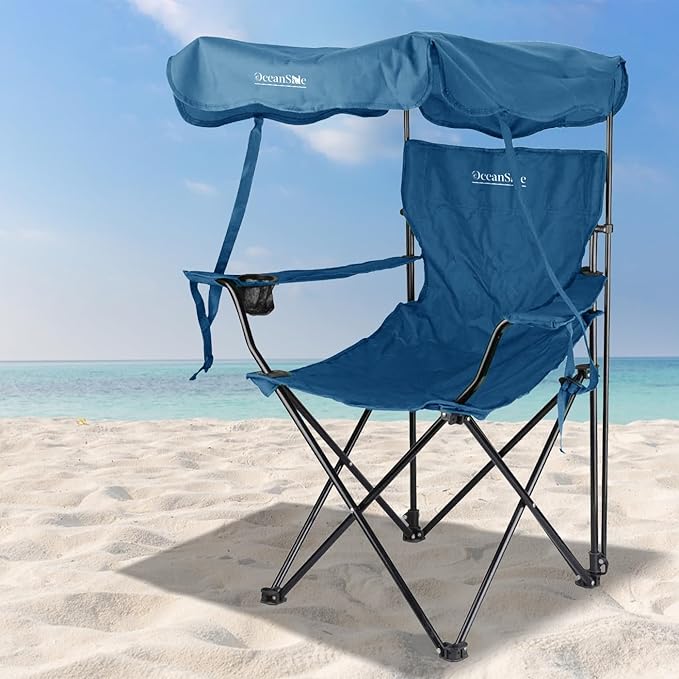 Living + Folding Camping Chair with Canopy Shade Beach Chair Steel Frame Cup Holder Portable and Lightweight Comfortable Design Sun Protection for Outdoor Beach Camping Picnic