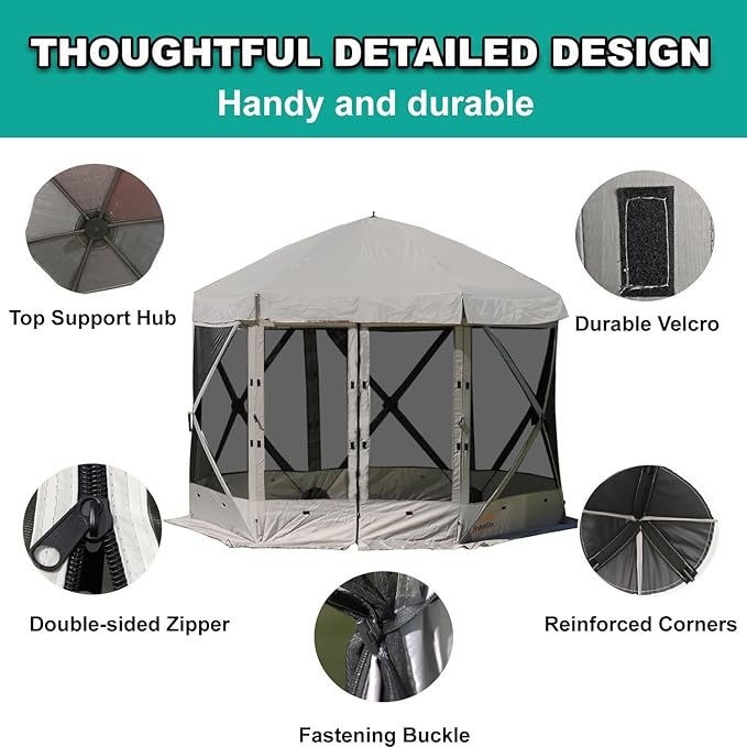 Pop Up Screen Tent 12'x12' Windproof &amp UV Protection Sun Shelter Portable Instant Setup 6-Sided Screen Tent for Picnic Camping Backyard Outdoor (Grey)