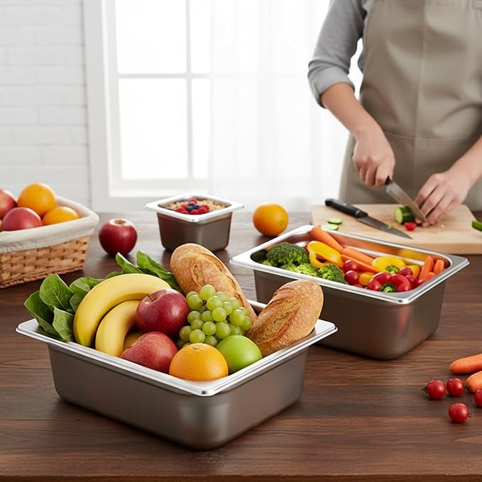 Maxdot 12 Set Stainless Steel Hotel Pan 1/2 1/4 1/6 Size 4 Inch Deep with Lids Stainless Steel Steam Table Pan Commercial Food Pans for Restaurant Catering Salad Bar Party Supplies Metal Steam Tray