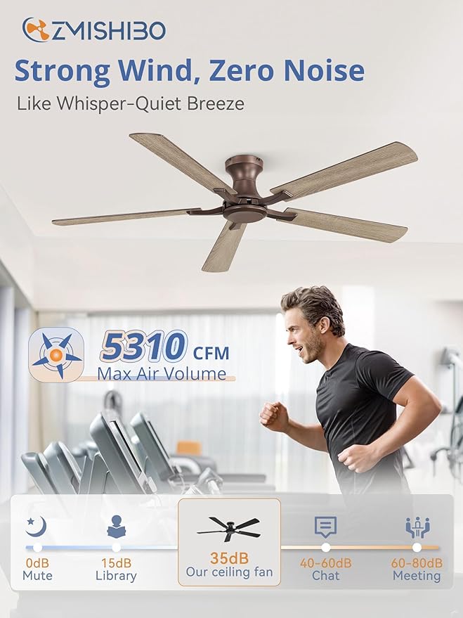 ZMISHIBO 60 Inch Ceiling Fan No Light Flush Mount Low Profile Farmhouse Brown Ceiling Fan Without Light Remote Control &amp Quiet DC Motor for Indoor&ampOutdoor Bedroom Living Room
