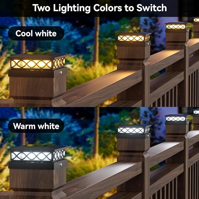 8 Packs Solar Post Cap Lights for Fence and Deck – Auto On/Off Outdoor Lighting 2 Color Modes with 16 LEDs Fits 4x4 5x5 6x6 Posts (Black)