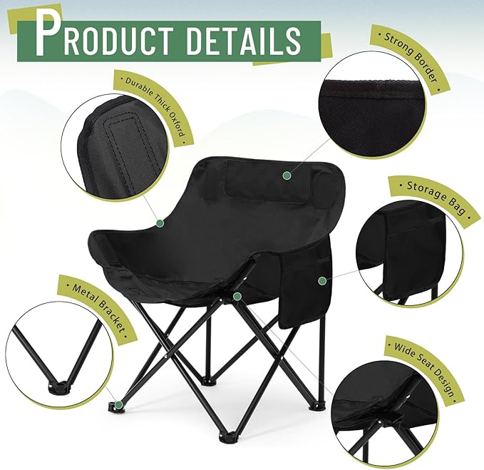 2 Pack Compact Camping Chairs Portable Folding for Outside with Carry Bag Lightweight Moon Chairs for Travel Picnic Hiking Beach Fishing 600D Oxford Supports 330lbs(Khaki Black)