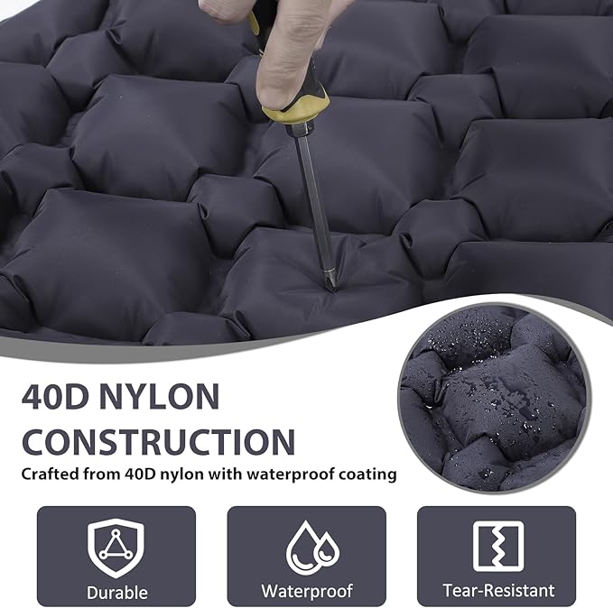 Sleeping Pad 40D Nylon Camping Mat with Pillow Built-in Foot Pump Inflatable Sleeping Mat Compact Portable Waterproof Air Mattress for Outdoor Camping Hiking Backpacking Single (Gray)