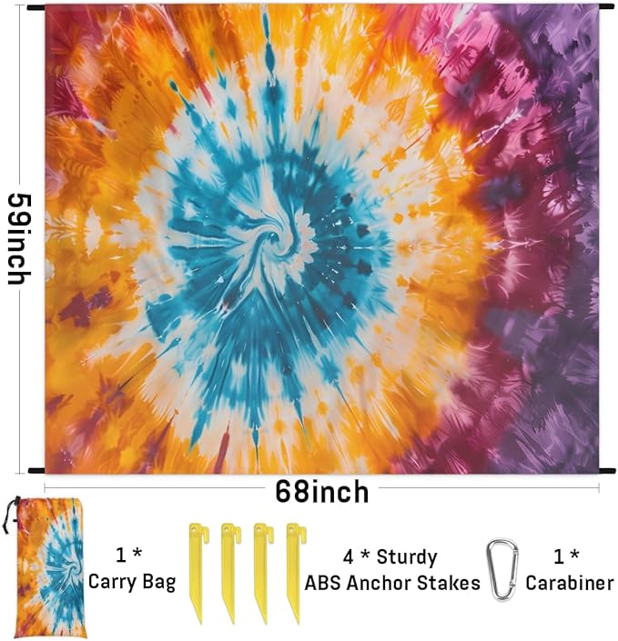 Waterproof Sandproof Beach Blanket 59''×68'' Pattern Tie Dye Polyester Outdoor Picnic Blanket with 4 Stakes &amp Storage Bag for BeachCampingVacation Multi-Color