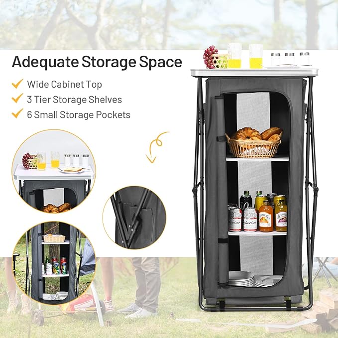 Giantex Folding Camping Storage Cabinet with 3 Shelves and Carry Bag Portable Outdoor Organizer Kitchen Table Quick Set-up for BBQ Picnic Backyard Compact Pop-Up Cupboard 47''H
