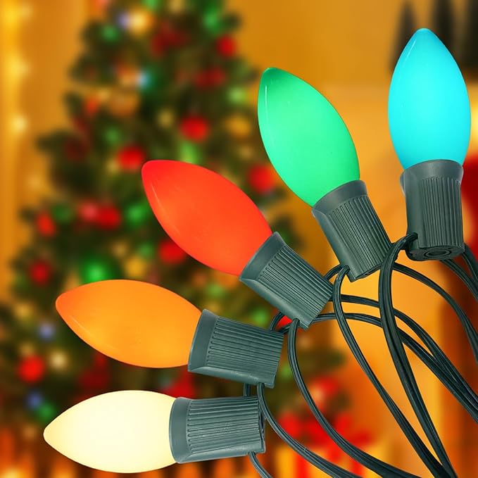 C9 LED Christmas String Lights 25FT Vintage String Lights with 27 C9 Multicolor Ceramic LED Bulbs Outdoor Hanging Christmas Lights for Xmas Tree Patio Party Roofline Decor - Green Wire