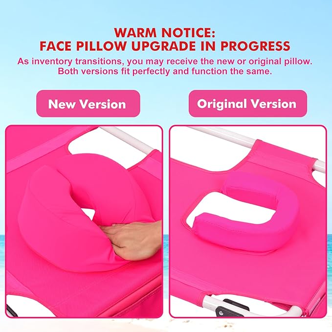 3 in 1 Women Comfort Backpack Beach Tanning Lounge Chair with Cushion Face Hole Softer Adjustable Washable Layout Sun Chair for Adults Outside Reading Sunbathing Poolside 6 Position 2 Pack Pink