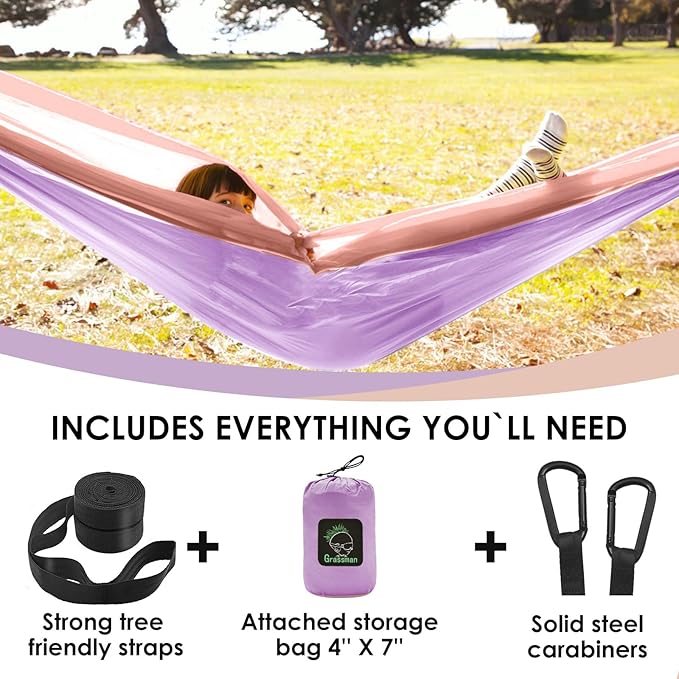GRASSMAN Kids Hammock-Small Camping hammocks Portable Camping Gear for Child Indoor/Outdoor use with Tree Straps &amp Carabiners Purple