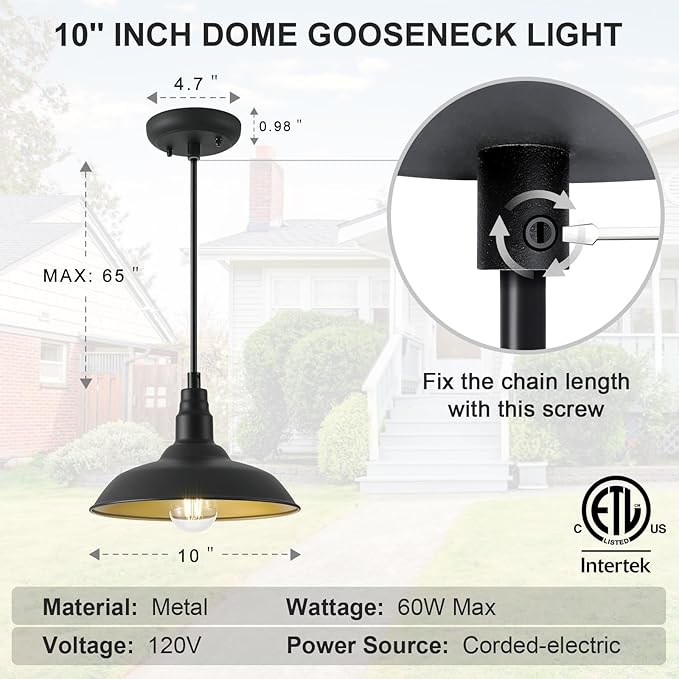 10in Dome Farmhouse Pendant Lights Black and Brass Kitchen Island Hanging Light Fixture for House Outdoor Barn Pendant Ceiling Lighting for Dinning Room Entryway Deck Adjustable Length