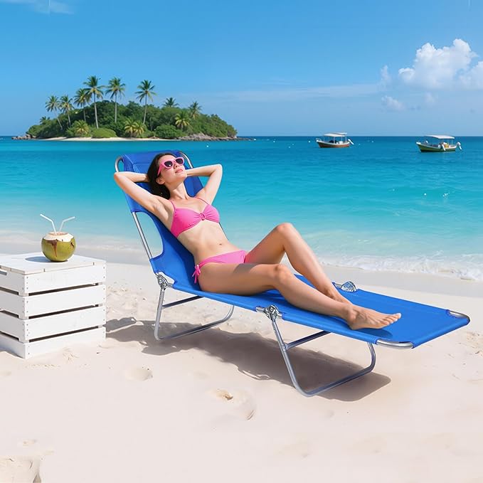 WLIVE Beach Lounge Chair for Adults 4-Position Folding Tanning Chairs with Face Hole 2 Legs Support Portable Outdoor Chair for Beach Pool Blue